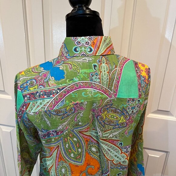 Hinson Wu Reese Long Sleeve Luxe Linen Boho Green Paisley Shirt Size XS NWT - Picture 7 of 12